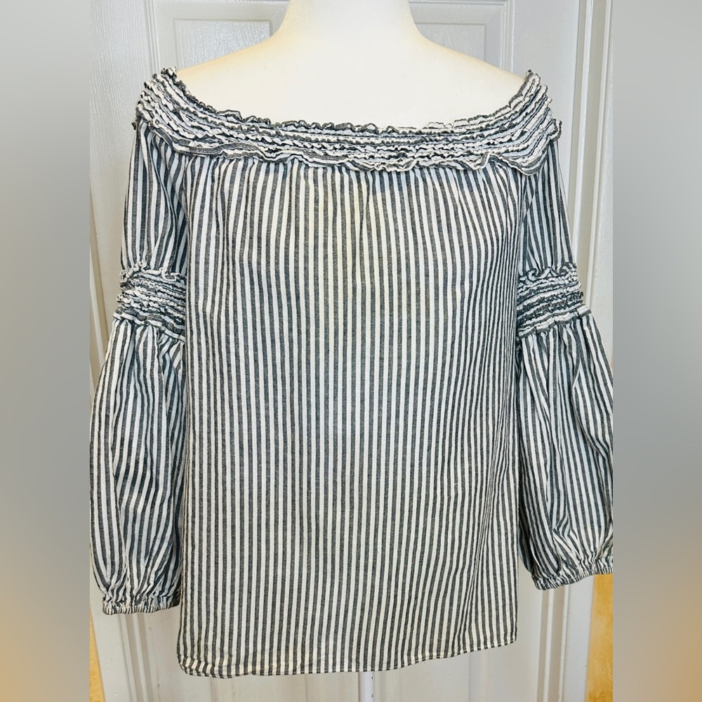 Max Studio Black White Striped Puff Ruffle Long Sleeve Blouse Large - Picture 1 of 10